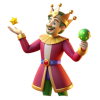 serene modern A medieval jester performs for the king and queen, bright, colorful lighting, medieval illustration style high resolution png