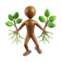 serene creative A human figure with roots growing from their feet, transforming into a tree. Environmental art style high quality png