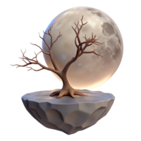 elegant classic A floating island with a single tree growing on it, its branches reaching towards a giant moon. Dreamlike style original png