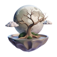 vibrant abstract A floating island with a single tree growing on it, its branches reaching towards a giant moon. Dreamlike style genuine png