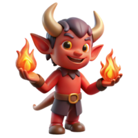 stunning artistic A mischievous imp with fiery red skin and horns, juggling glowing embers, lit by the flickering flames of a campfire. Cartoon style professional png