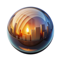 serene modern A single, glowing orb reflecting a distorted cityscape. Abstract style authentic png