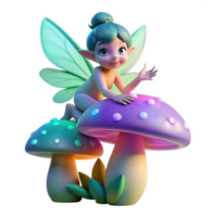 beautiful artistic A mischievous pixie with iridescent wings, perched on a giant glowing mushroom, illuminated by bioluminescent flora. Soft focus, dreamlike art style genuine png