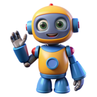 serene rustic A friendly, cartoonish robot with oversized eyes and bright primary colors, waving hello, lit by soft, diffused daylight. Cartoon style 4K png