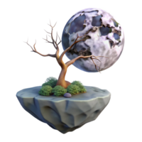 elegant abstract A floating island with a single tree growing on it, its branches reaching towards a giant moon. Dreamlike style exclusive png