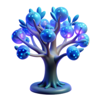 elegant contemporary A bioluminescent tree with glowing branches and pulsating leaves, surrounded by strange, glowing flora, illuminated by a soft blue light in a surreal style premium png