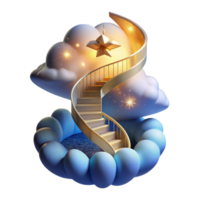 magnificent minimalist A spiral staircase ascending into a swirling vortex of clouds and stars, illuminated by a celestial glow, Surrealism style authentic png
