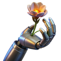 impressive traditional A decaying robot hand clutching a wilting flower, illuminated by dim grey light, in a post-apocalyptic style exclusive png