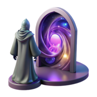 stunning creative A mysterious, hooded figure standing before a portal to another dimension, swirling with cosmic energy. Ethereal, otherworldly lighting. Surrealism style high resolution png