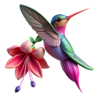 wonderful minimalist A tiny hummingbird hovering over a vibrant fuchsia flower, droplets of dew clinging to its iridescent feathers, in a macro photography style premium png