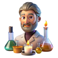 elegant traditional Portrait of a curious alchemist with vials, beakers, and strange ingredients surrounding them. Warm, flickering candlelight high resolution png