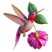 impressive traditional A tiny hummingbird hovering near a vibrant fuchsia flower, with iridescent wings catching the light, in a detailed, botanical illustration style 4K png
