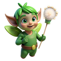 vibrante minimalista uma pernicioso duende com brilhando verde olhos, segurando uma dente de leão cabeça de semente, iluminado de uma eixo do luz solar filtrando através floresta marquise. sonhe como, pintor estilo original png