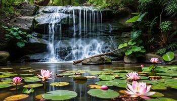 Serene Waterfall and Pink Lotus Pond in Lush Tropical Setting photo