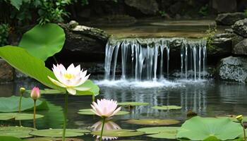 Pink And White Lotus Flowers In A Serene Pond With Waterfall photo