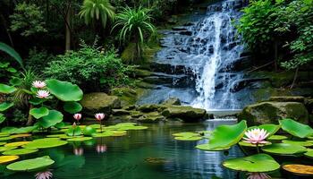 Serene Waterfall and Pink Lotus Pond in Lush Tropical Garden photo