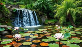 Lotus Pond in Lush Tropical Garden photo