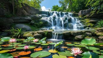 Serene Waterfall Cascading into a Lotus Flower Pond photo