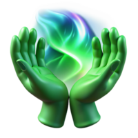 vibrant contemporary A pair of spectral hands weaving a tapestry of emerald green energy, illuminated by a celestial aurora borealis, in a ethereal art style high resolution png