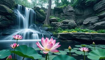 Pink Lotus Blossoms by a Serene Waterfall in Lush Green Garden photo