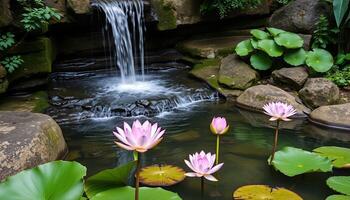 Pink Lotus Flowers Blooming by a Cascading Waterfall in a Serene Pond photo