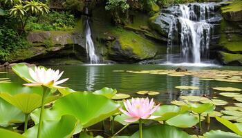Pink Lotus Flowers and Cascading Waterfalls in Lush Tropical Setting photo