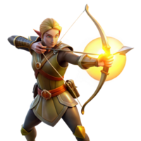 extraordinary rustic A graceful elf archer aiming a bow, clad in leather armor, lit by the golden rays of a setting sun. Romantic fantasy, realistic style genuine png