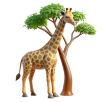beautiful rustic A graceful giraffe reaching for leaves on a tall tree, African savanna backdrop, realistic animal rendering style genuine png