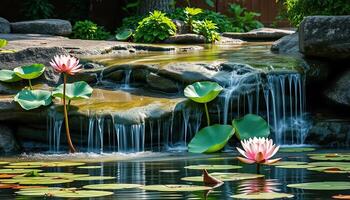 Serene Waterfall with Pink Water Lilies in a Zen Garden photo