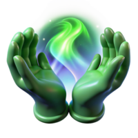 extraordinary minimalist A pair of spectral hands weaving a tapestry of emerald green energy, illuminated by a celestial aurora borealis, in a ethereal art style premium png
