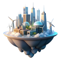 magnificent modern A futuristic city floating amongst clouds, powered by wind turbines and solar panels, lit by the warm glow of the morning sun. Science fiction style high resolution png