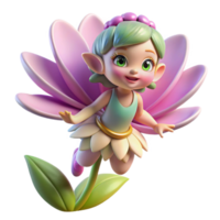 elegant classic A mischievous pixie, with iridescent wings, hovering over a blooming flower, soft lighting, whimsical style detailed png