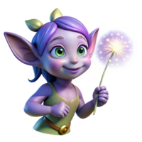 stunning minimalist A mischievous pixie with glowing lavender eyes, holding a dandelion seedhead, lit by fireflies in a twilight forest. Digital painting style high resolution png