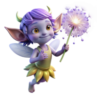impressionante minimalista uma caprichoso, pernicioso duende com brilhando lavanda pele, segurando uma dente de leão cabeça de semente, cercado de vagalumes dentro uma crepúsculo floresta. suave foco, sonhe como estilo original png