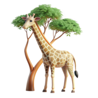 vibrant rustic A graceful giraffe reaching for leaves on a tall tree, depicted in a realistic style with warm, natural lighting and long shadows premium png
