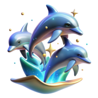 vibrant modern A group of playful dolphins leaping out of the ocean, lit by sparkling sunlight, in a vibrant, dynamic style professional png