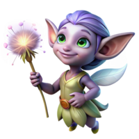 impressive rustic A mischievous pixie with glowing lavender eyes, holding a dandelion seedhead, lit by fireflies in a twilight forest. Digital painting style genuine png