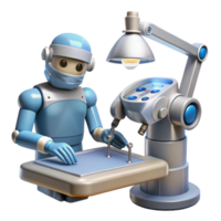 serene creative An AI-powered robotic surgeon performing a delicate operation with precision instruments, lit by a focused surgical lamp. Medical illustration, photorealistic style genuine png