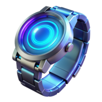 wonderful traditional A futuristic watch displaying holographic information, sleek design, metallic texture, blue lighting high resolution png
