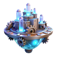 stunning minimalist A floating city made of interconnected gears and cogs, illuminated by flickering neon lights. Steampunk style exclusive png