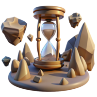 elegant rustic A desert landscape with floating rocks and a giant, cracked hourglass. Surrealism style high resolution png