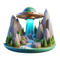 dramatic vintage A spaceship landing on a lush alien planet, waterfalls cascading down towering mountains, vibrant flora and fauna surrounding the landing site. Photorealistic style detailed png