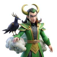 serene minimalist A cunning Loki shapeshifting into a raven, surrounded by swirling mists and shadows, in a Norse mythology inspired style high quality png