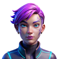 stunning minimalist Portrait of a non-binary person with short, purple hair and intricate facial tattoos, illuminated by neon pink and blue lights, in a cyberpunk style authentic png