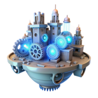 elegant modern A floating city made of interconnected gears and cogs, illuminated by flickering neon lights. Steampunk style high quality png