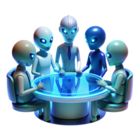 extraordinary modern A group of alien diplomats gathered around a holographic table, cool blue light, formal, futuristic style exclusive png