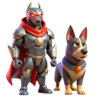 dramatic artistic A courageous, canine superhero with armored fur, glowing ruby eyes, confronting a shadowy figure, dramatic backlighting, comic book style authentic png