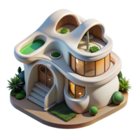magnificent minimalist Organic architecture house, flowing lines, integrated with nature, dappled sunlight, Art Nouveau style, isometric view, original png
