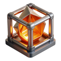 stunning classic A 3D printer creating a complex, geometric shape out of liquid metal, illuminated by the bright, orange light of the printing process. Photorealistic style high quality png