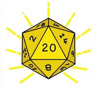 A yellow d20 dice with the number 20 on it video